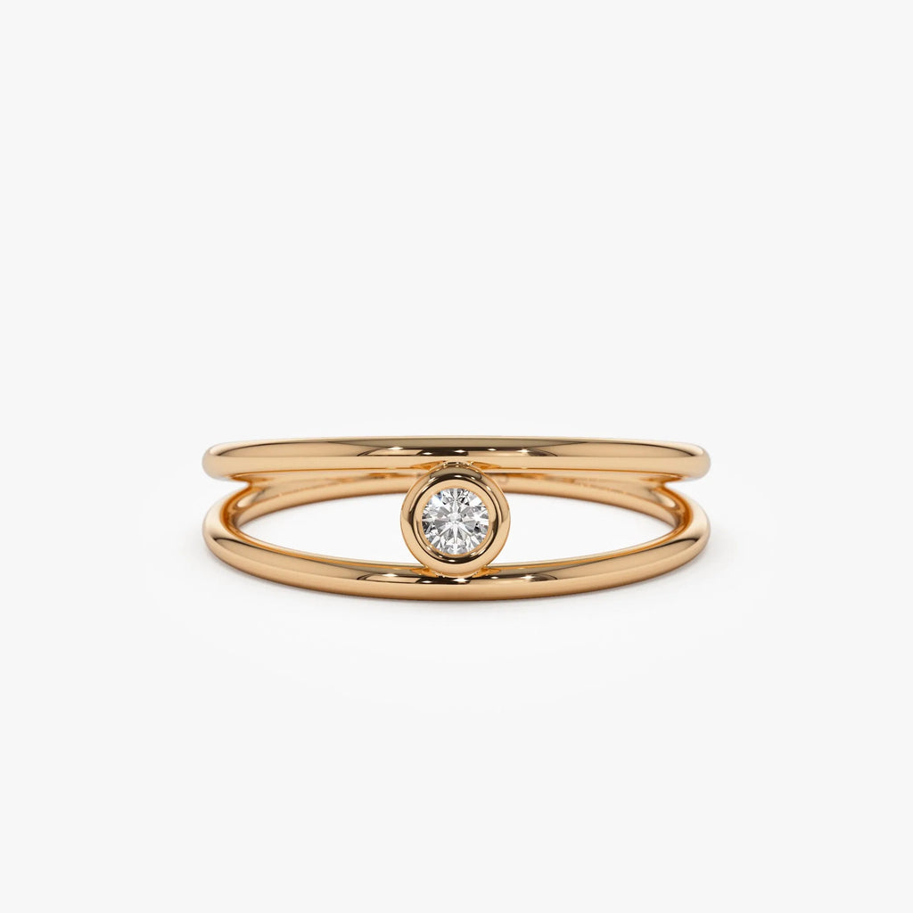 14K Solid Gold Round Diamond Double Band Bezel Set Solitaire Ring 0.07 Carat
