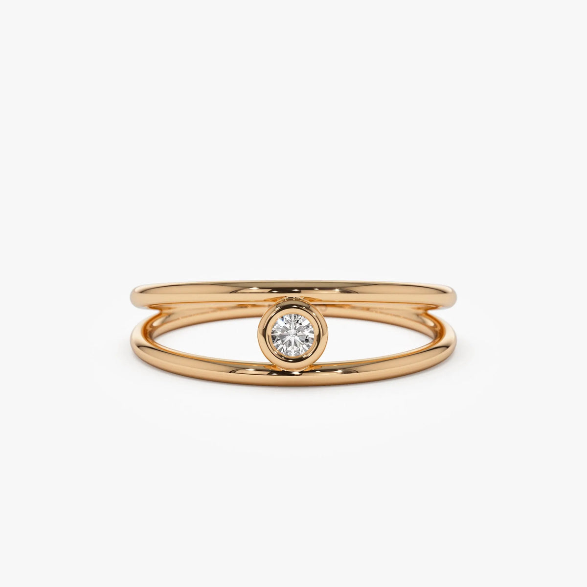14K Solid Gold Round Diamond Double Band Bezel Set Solitaire Ring 0.07 Carat
