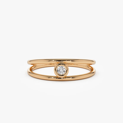 14K Solid Gold Round Diamond Double Band Bezel Set Solitaire Ring 0.07 Carat