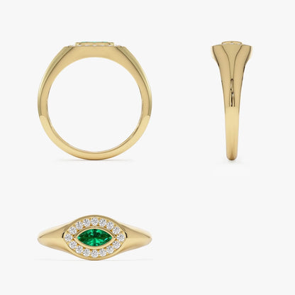 14K Gold Marquise Emerald and Round Diamond Halo Ring 0.31 CTW