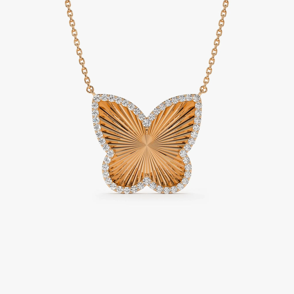 14K Solid Gold 0.30 CTW Round Diamond Textured Butterfly Charm Pendant Necklace