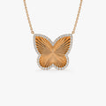 14K Solid Gold 0.30 CTW Round Diamond Textured Butterfly Charm Pendant Necklace