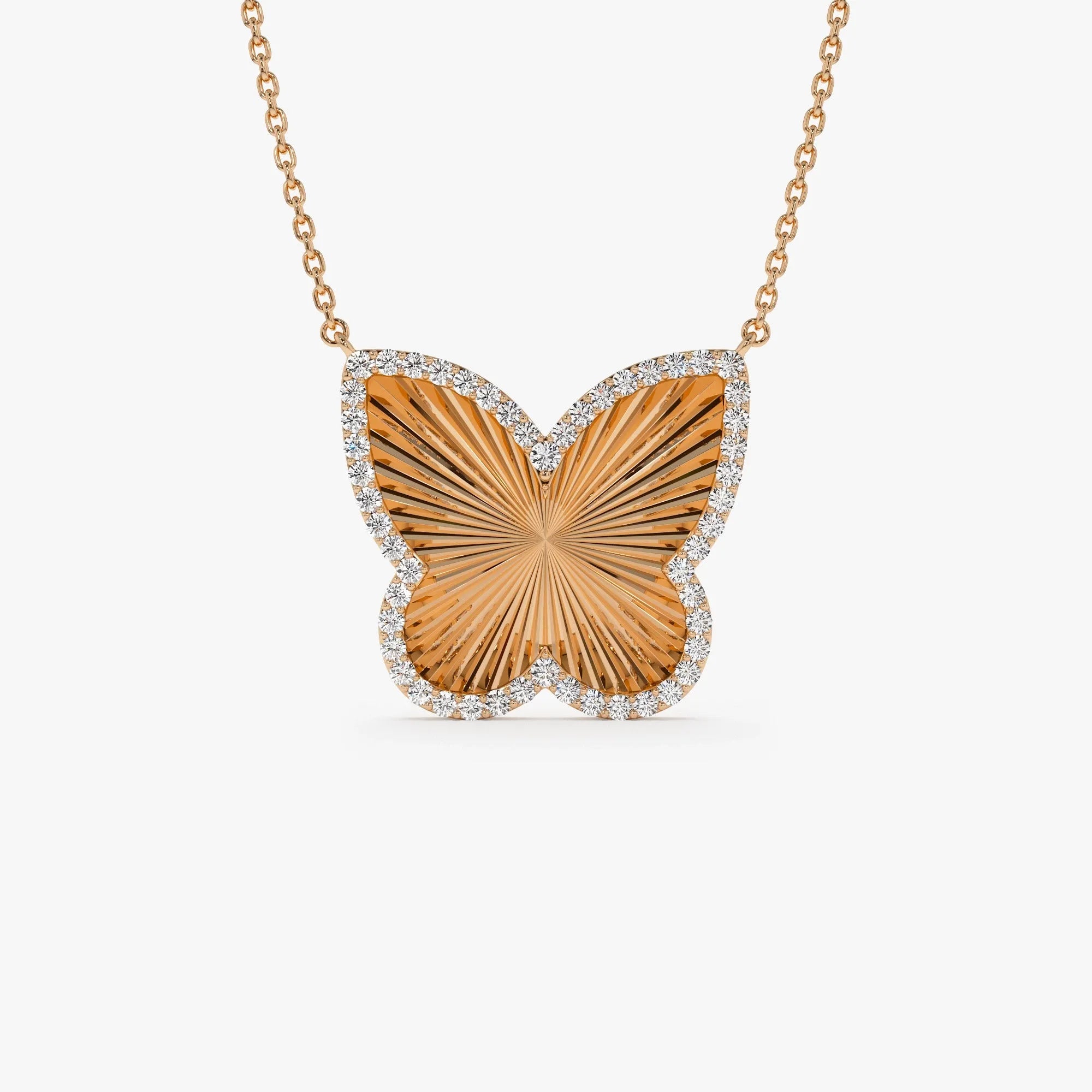 14K Solid Gold 0.30 CTW Round Diamond Textured Butterfly Charm Pendant Necklace