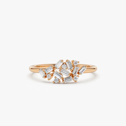 14k Gold 0.30 CTW Baguette and Round Diamond Cluster Ring