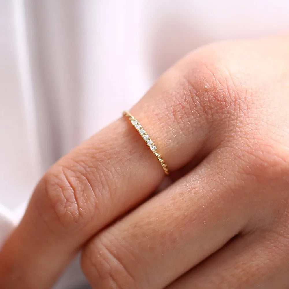 14K Gold Round Diamond Micro Pave Twisted Rope Stacking Wedding Band