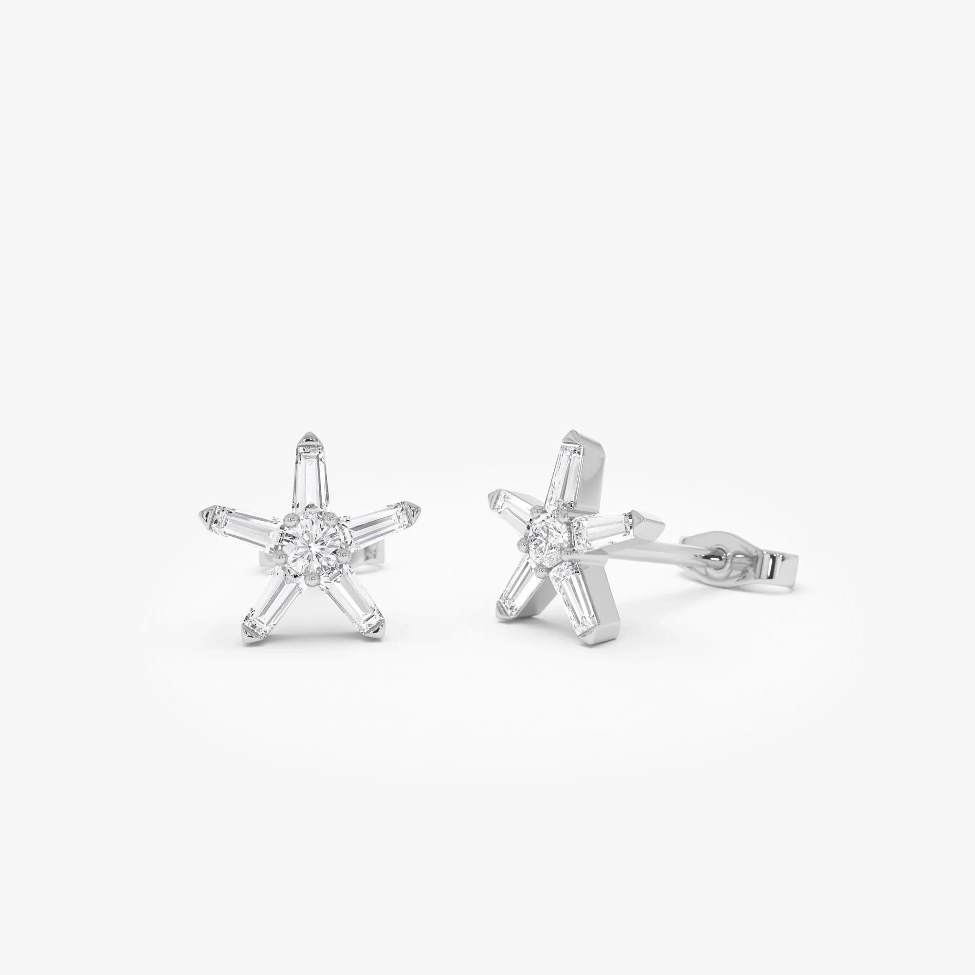 14k Gold Diamond Baguette and Round Cut Star Stud Earrings 0.45 ctw