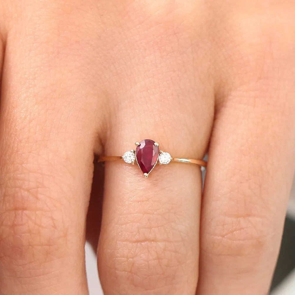 14k Gold Ruby and Diamond Pear Cut Three Stone Ring 0.47 ctw