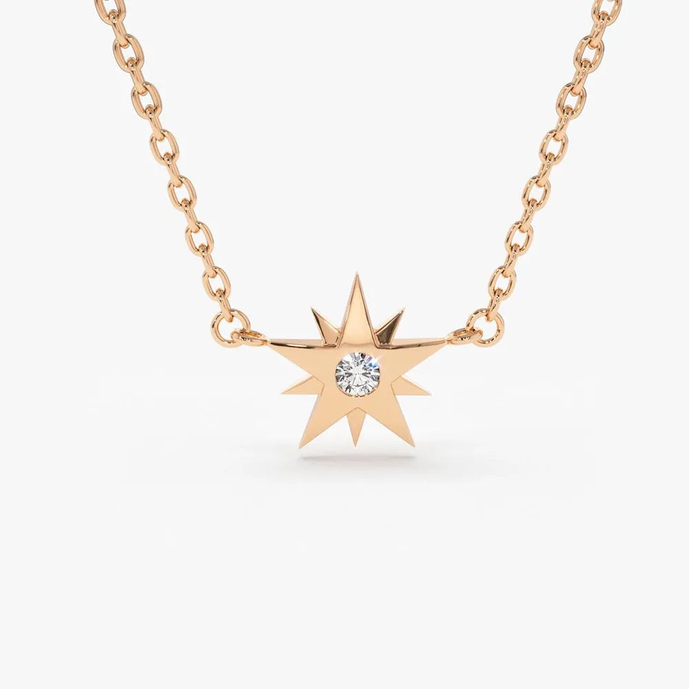 14K Solid Gold Round Diamond Star Pendant Necklace Burnish Setting 0.03ctw