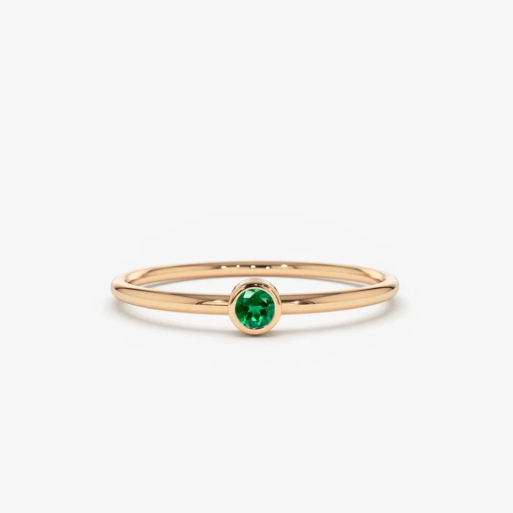 14K Solid Gold Round Emerald Solitaire Bezel Set Ring 0.08 CTW Handcrafted Jewelry