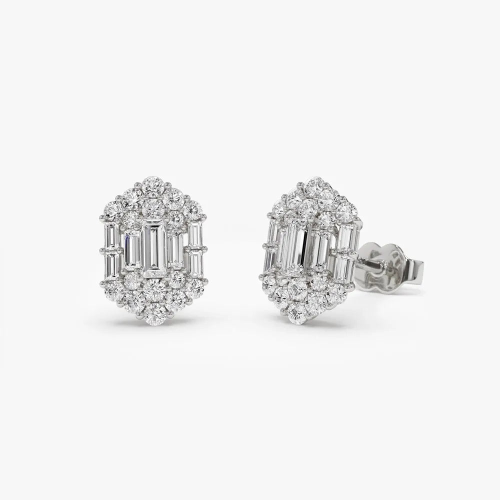 14k Gold Diamond Baguette and Round Cut Hexagon Stud Earrings Prong Setting 0.80 ctw