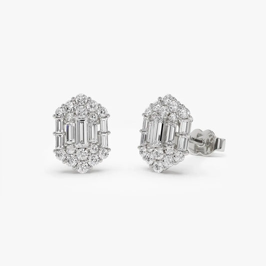 14k Gold Diamond Baguette and Round Cut Hexagon Stud Earrings Prong Setting 0.80 ctw