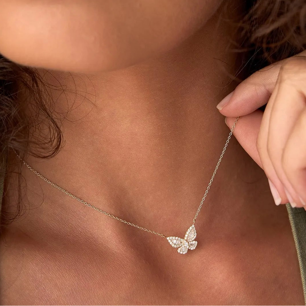 14K Solid Gold Baguette and Round Diamond Butterfly Pendant Necklace 0.32ctw