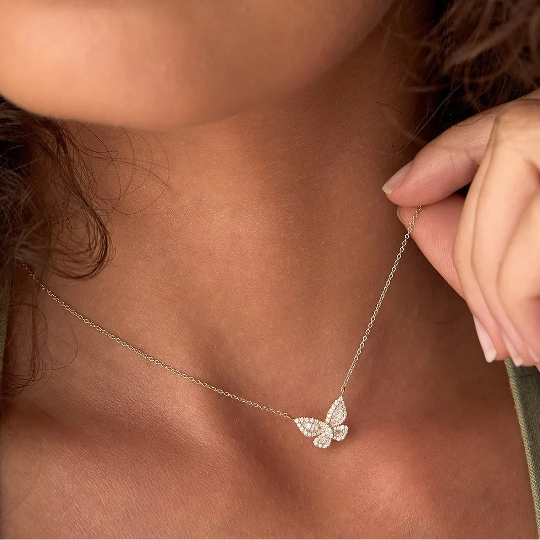 14K Solid Gold Baguette and Round Diamond Butterfly Pendant Necklace 0.32ctw
