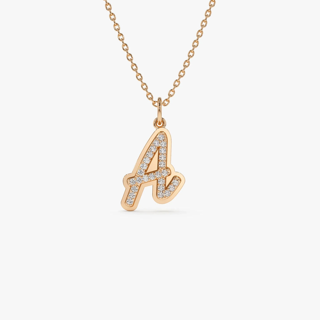 14K Solid Gold 0.15 CTW Round Diamond Script Font Initial Layered 3D Necklace