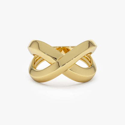 14k Gold Chunky Criss Cross Statement Ring 12.5mm Wide Band