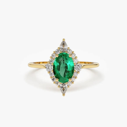 14K Solid Gold Oval Emerald and Pear Round Diamond Ballerina Ring 0.88 CTW