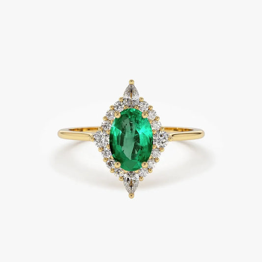 14K Solid Gold Oval Emerald and Pear Round Diamond Ballerina Ring 0.88 CTW