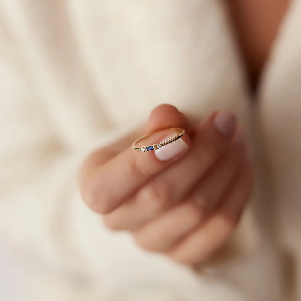 14k Gold Blue Sapphire and Diamond Baguette Cut Ring 0.384 ctw