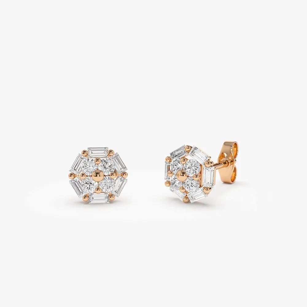 14k Gold Diamond Baguette and Round Cut Cluster Stud Earrings Prong Setting 0.55 ctw