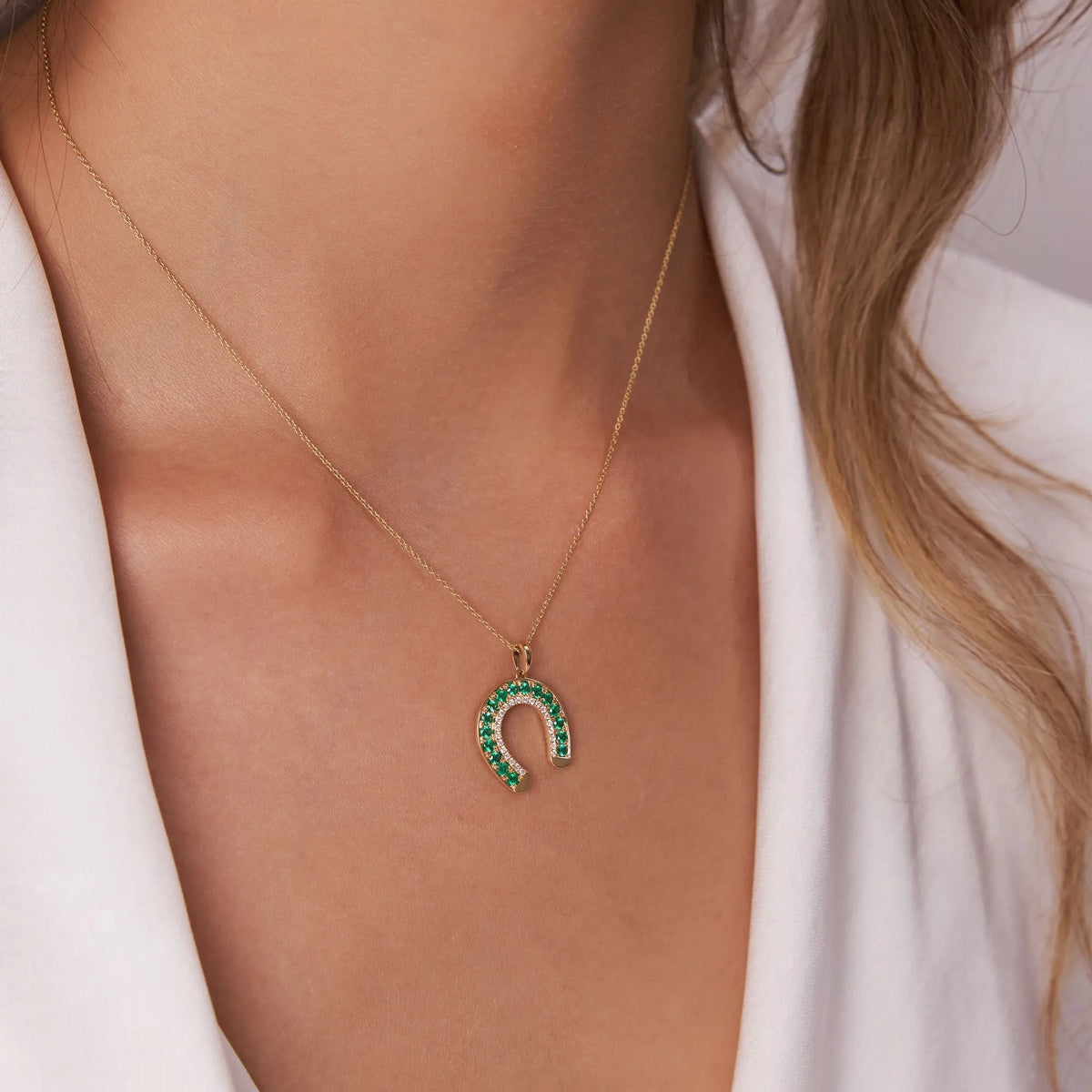 14k Solid Gold Round Emerald 0.45 CTW and Diamond 0.12 CTW Horseshoe Pendant Necklace