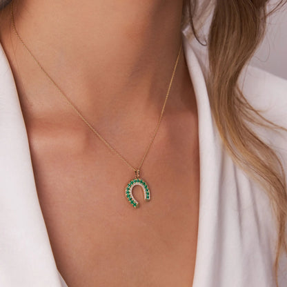 14k Solid Gold Round Emerald 0.45 CTW and Diamond 0.12 CTW Horseshoe Pendant Necklace