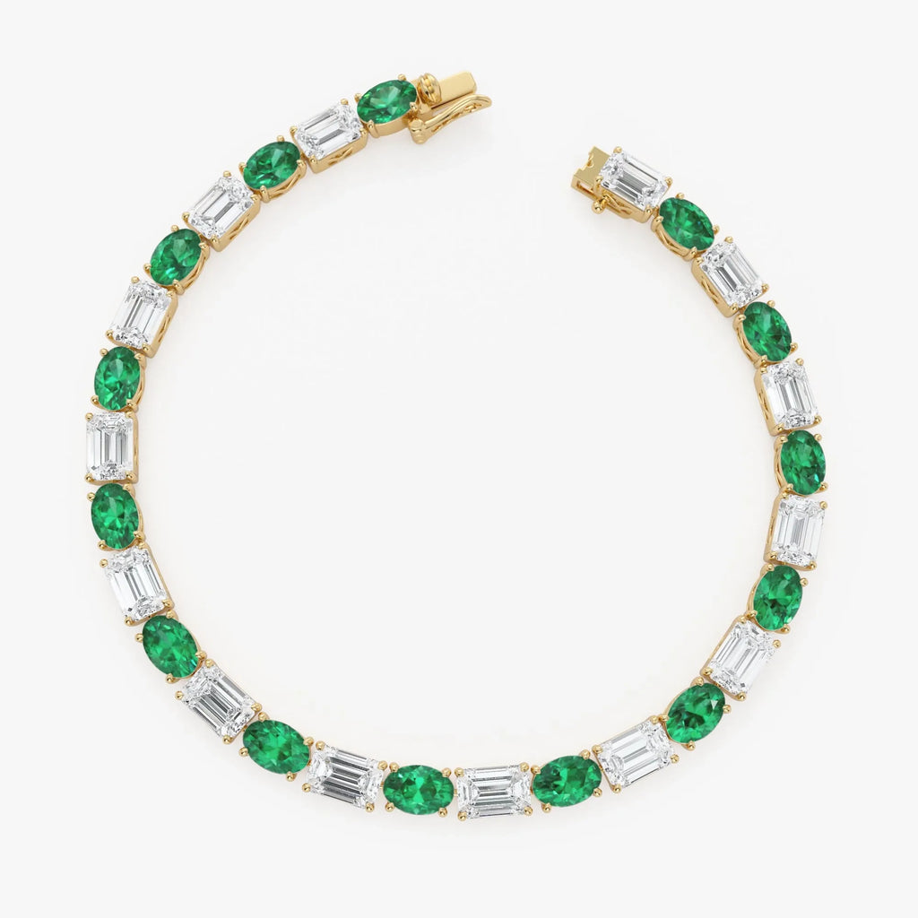 14K Gold Lab Grown Colombian Emerald and Lab Grown Diamond 4 Prong Bracelet