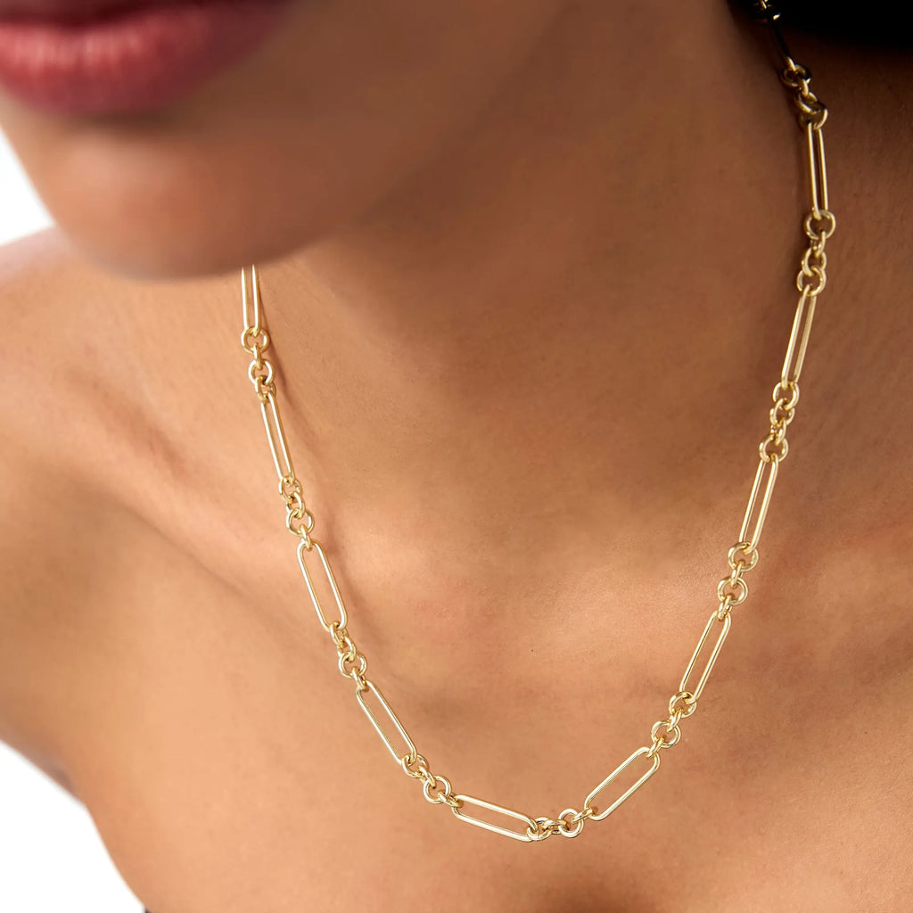 14k Solid Gold Mixed Round and Oval Paperclip Link Bolo Chain Necklace
