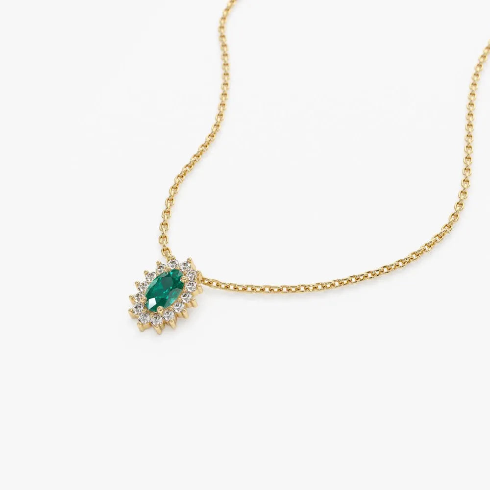 14k Solid Gold Oval Emerald 0.25 CTW and Round Diamond 0.12 CTW Halo Necklace