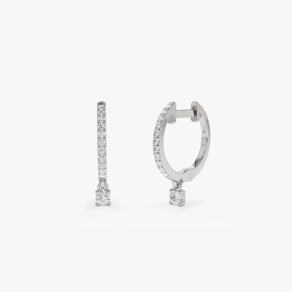 14k Gold Diamond Round Cut Dangling Huggie Earrings Prong Micro Pave 0.23 ctw