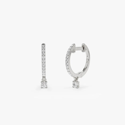 14k Gold Diamond Round Cut Dangling Huggie Earrings Prong Micro Pave 0.23 ctw
