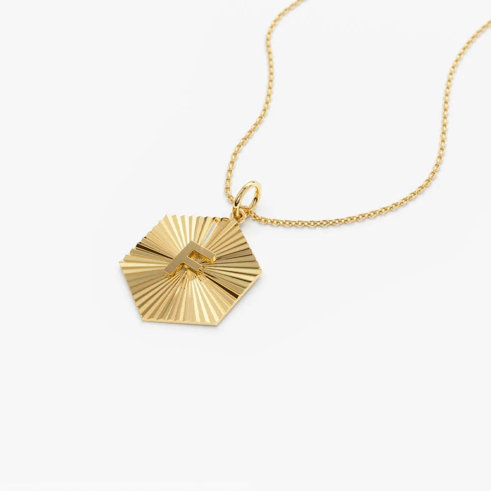 14k Solid Gold Sparkle Hexagon Disc Initial Pendant Necklace