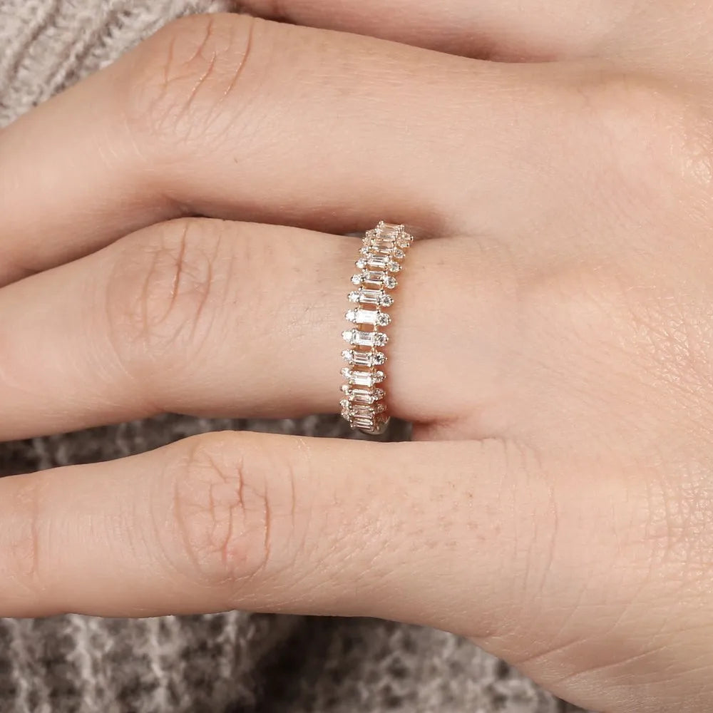 14K Solid Gold Baguette and Round Diamond Prong Set Band Ring 0.56 ctw