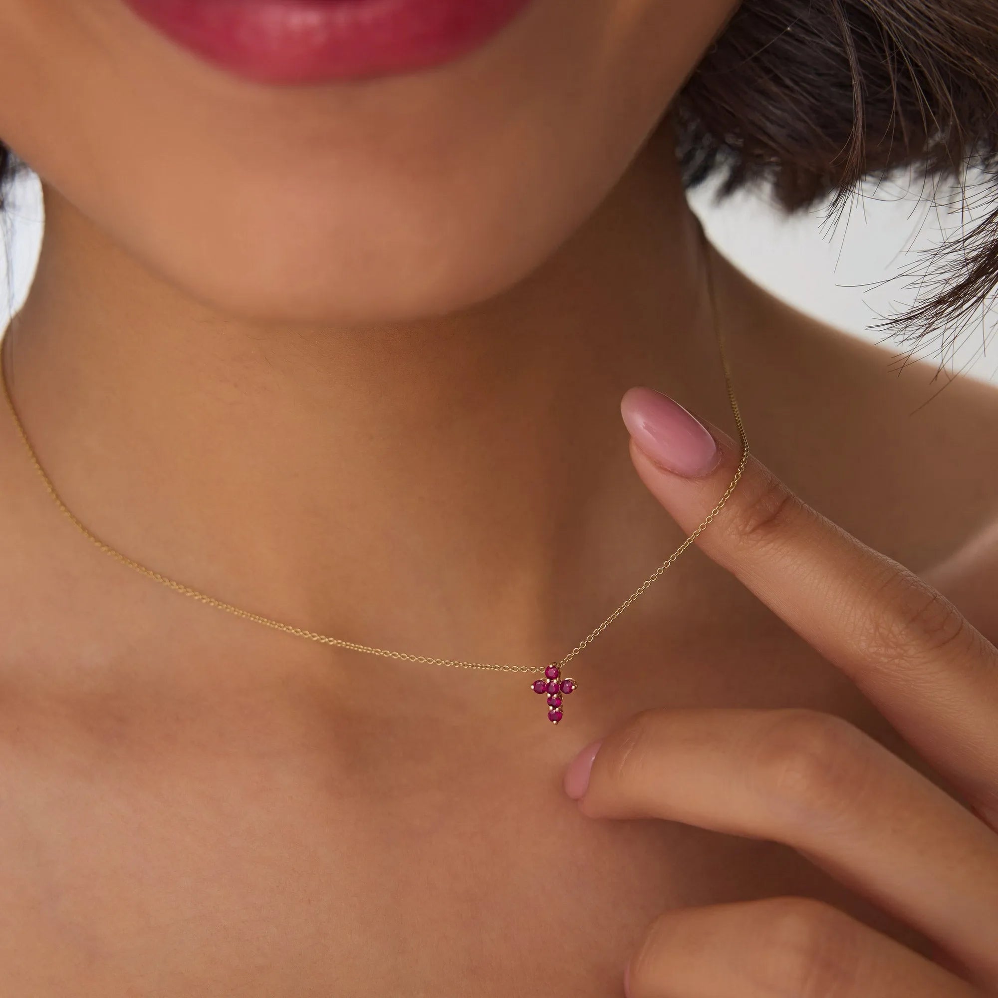 14k Solid Gold Round Ruby Tiny Cross Pendant Necklace 0.25 Carat Prong Setting
