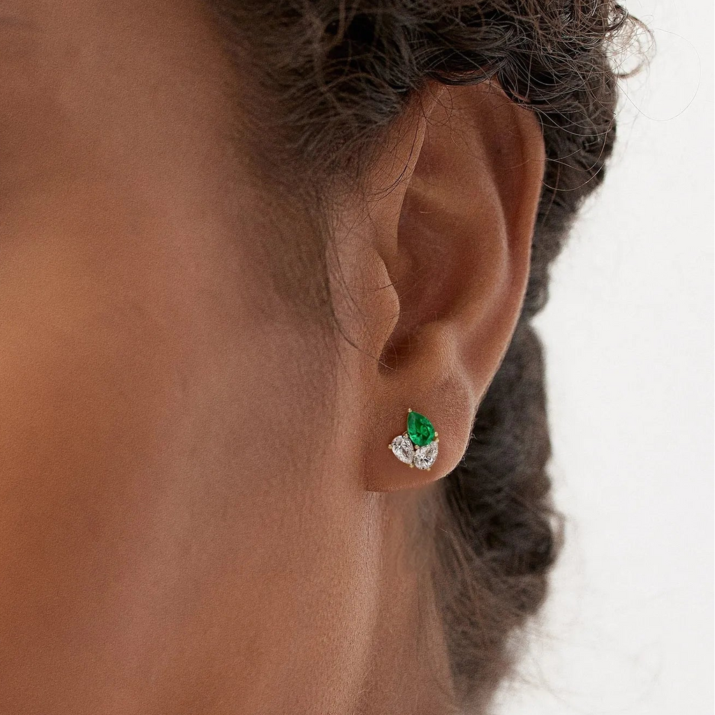 14k Gold Lab Grown Emerald and Diamond Pear Cut Stud Earrings 1.79 ctw