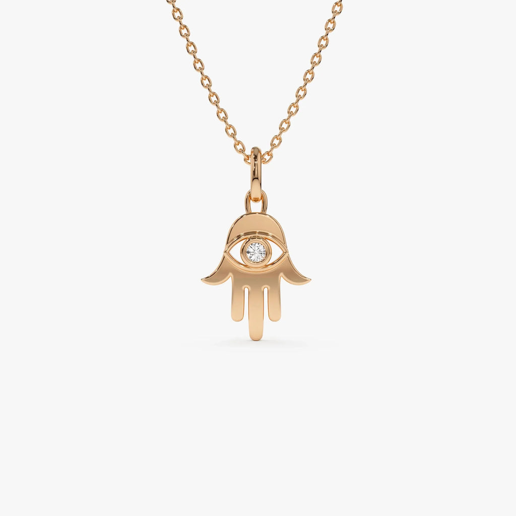 14K Solid Gold 0.04 CTW Round Diamond Hamsa Hand Necklace