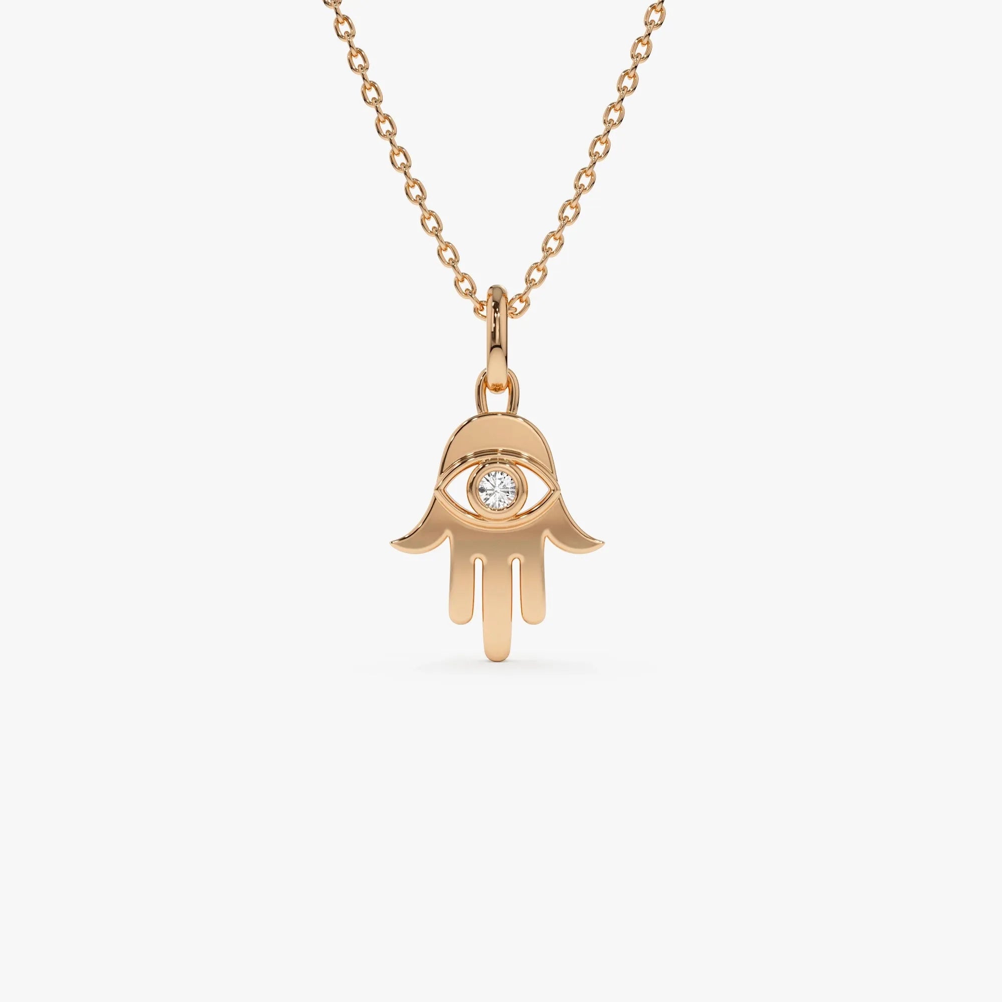 14K Solid Gold 0.04 CTW Round Diamond Hamsa Hand Necklace
