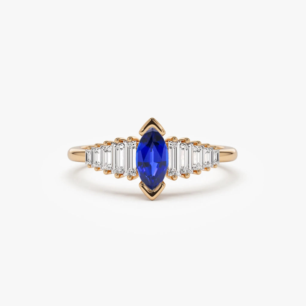 14k Gold Sapphire and Diamond Marquise and Baguette Cut Ring 0.83 ctw