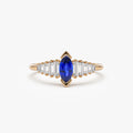 14k Gold Sapphire and Diamond Marquise and Baguette Cut Ring 0.83 ctw