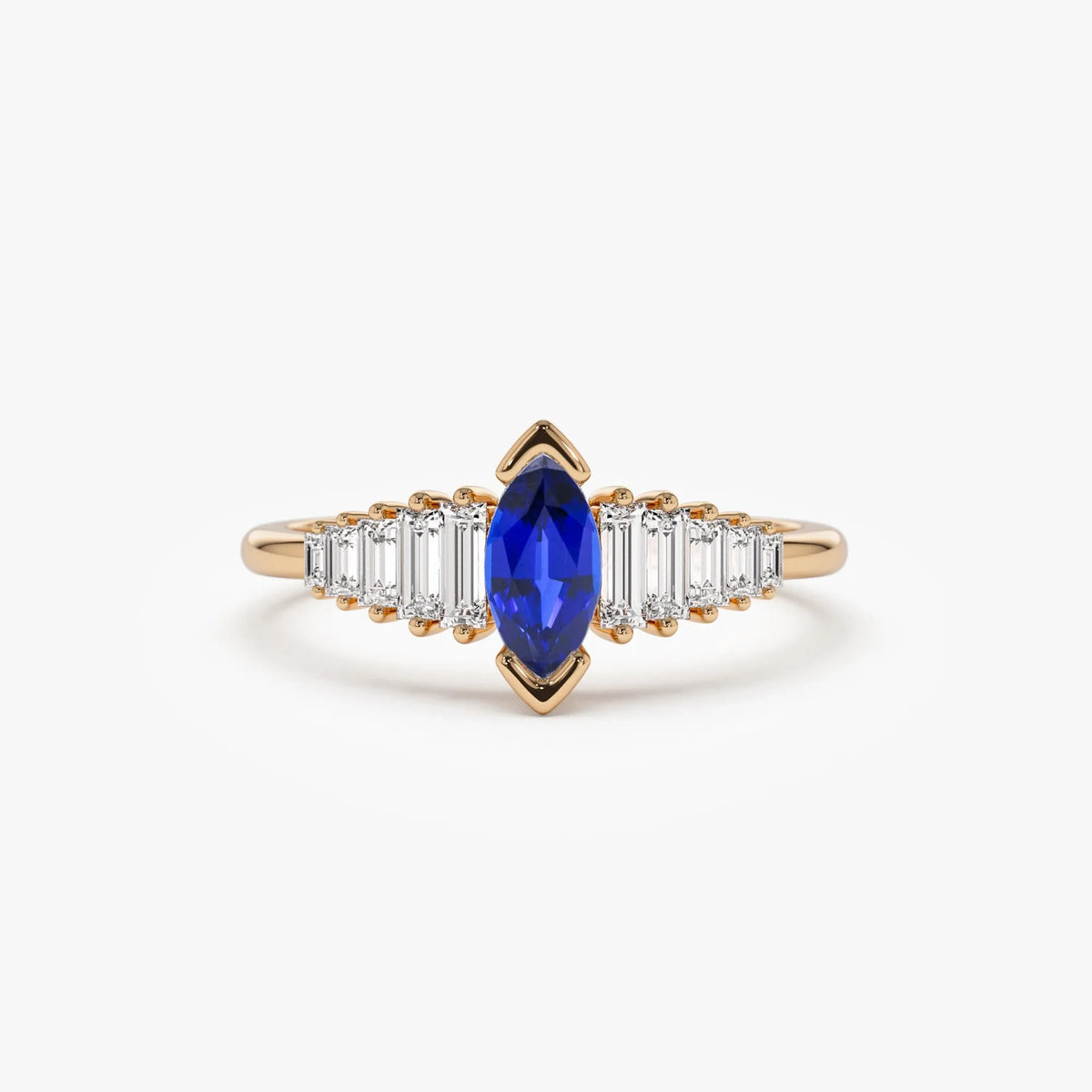 14k Gold Sapphire and Diamond Marquise and Baguette Cut Ring 0.83 ctw