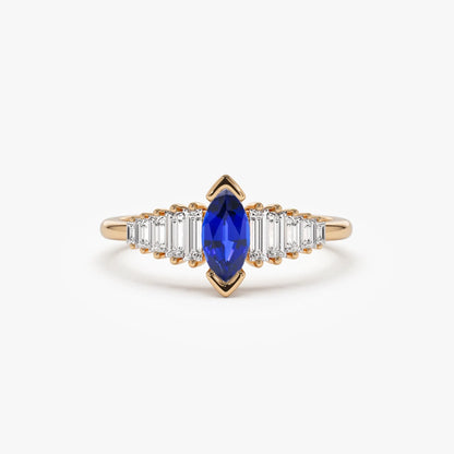 14k Gold Sapphire and Diamond Marquise and Baguette Cut Ring 0.83 ctw