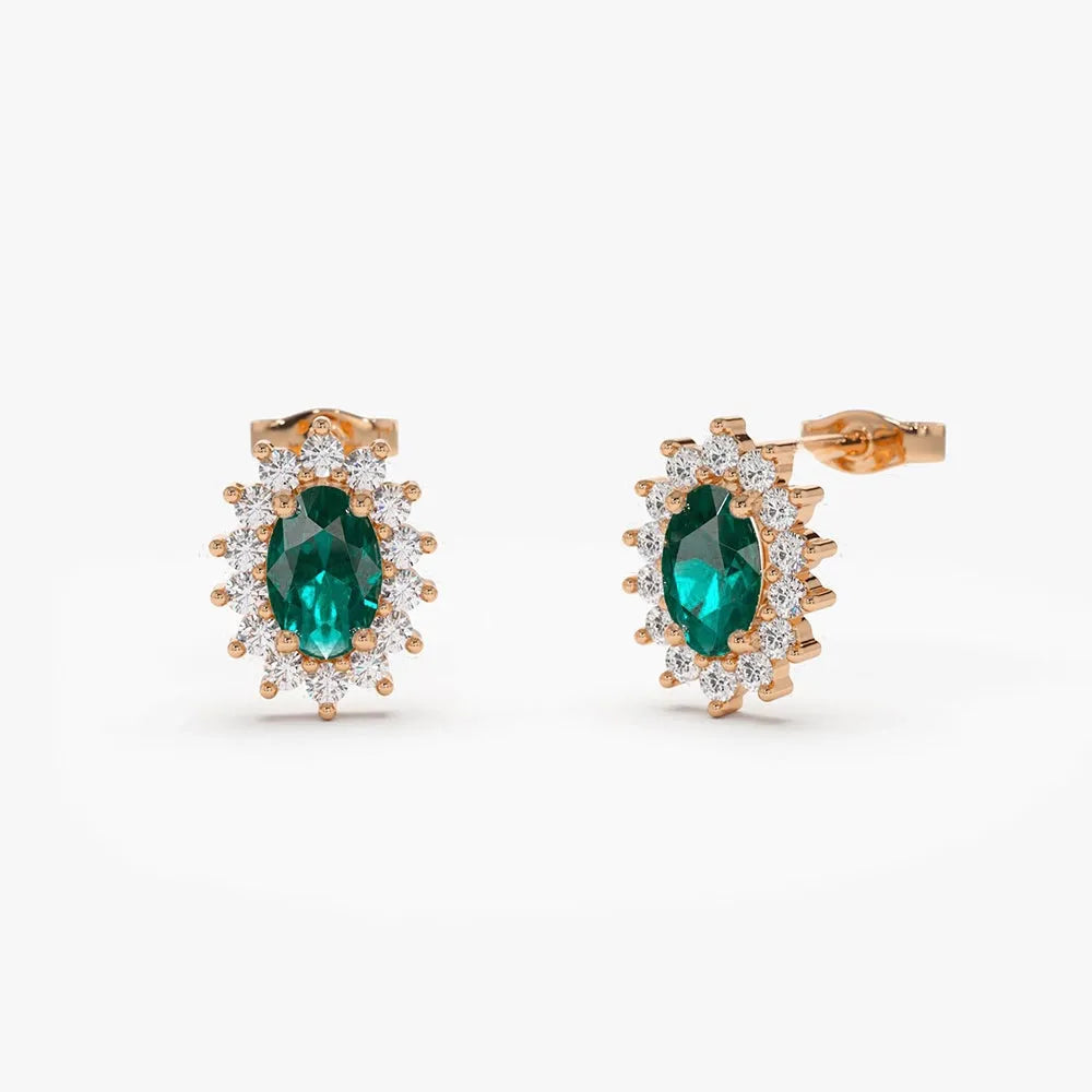 14k Solid Gold Oval Emerald and Round Diamond Halo Earrings 0.37 ctw