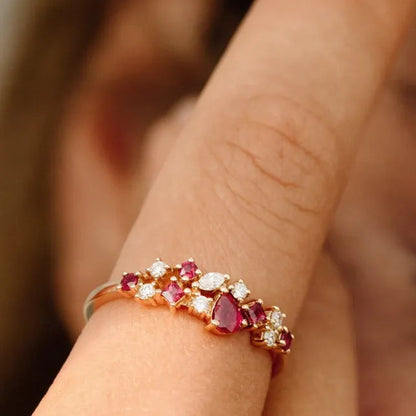 14k Gold Ruby and Diamond Mixed Shape Cluster Ring 0.60 ctw