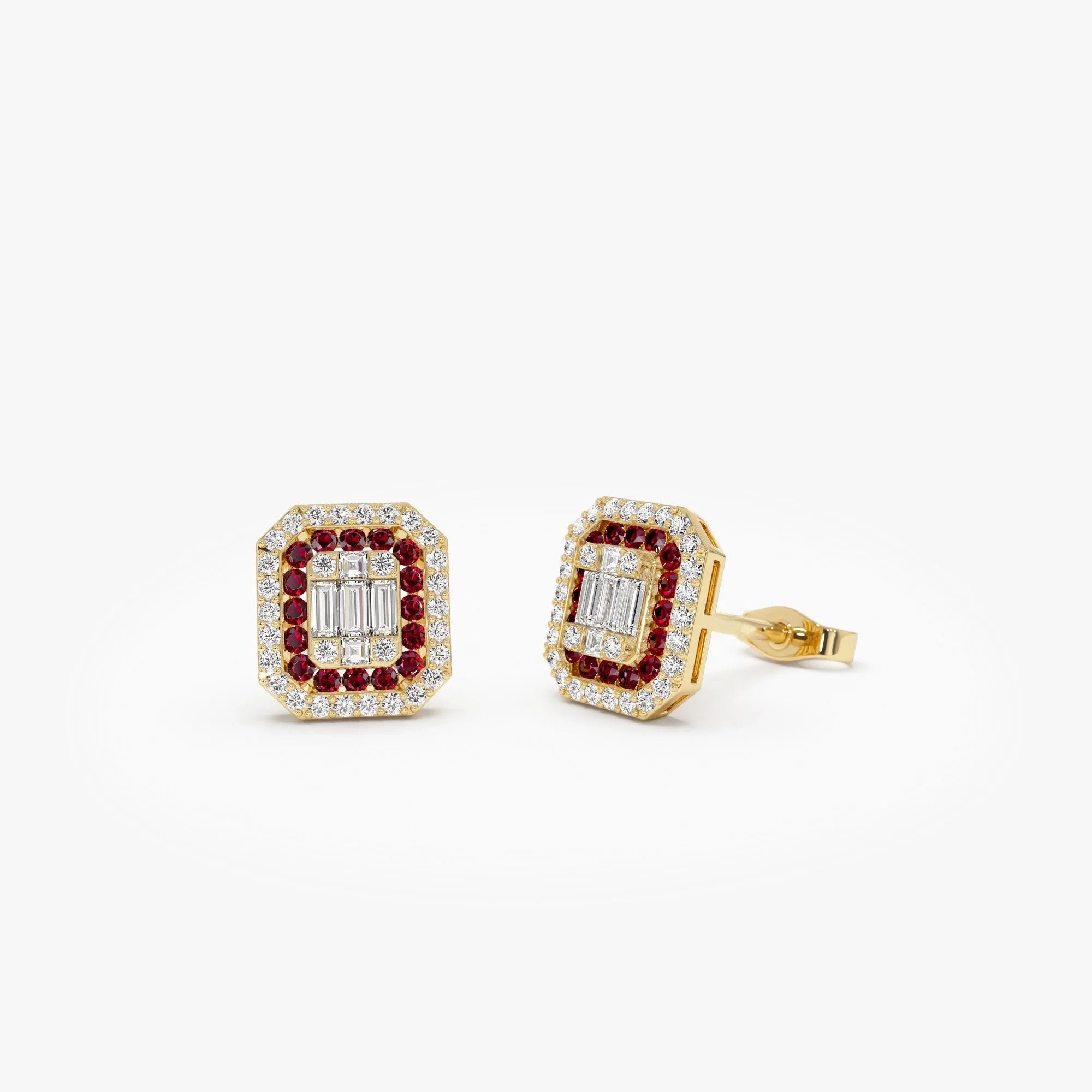 14k Gold Ruby and Diamond Baguette and Round Cut Halo Stud Earrings 0.80 ctw