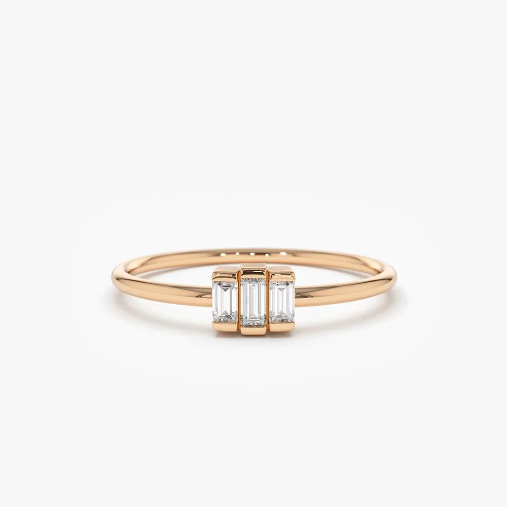14K Solid Gold Baguette Cut Diamond Trio Channel Set Ring 0.18 CTW