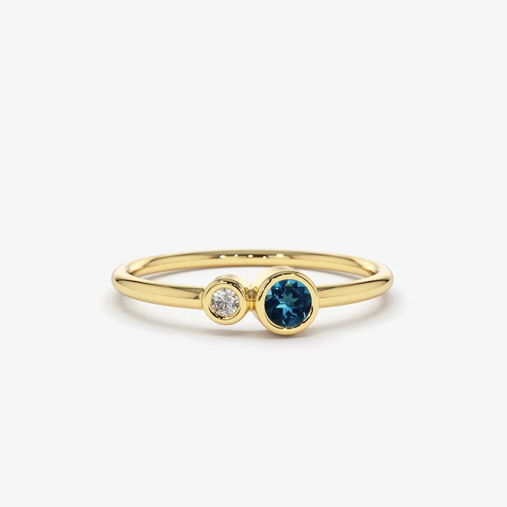 14K Gold Round London Blue Topaz and Diamond 0.18ctw Bezel Set Ring