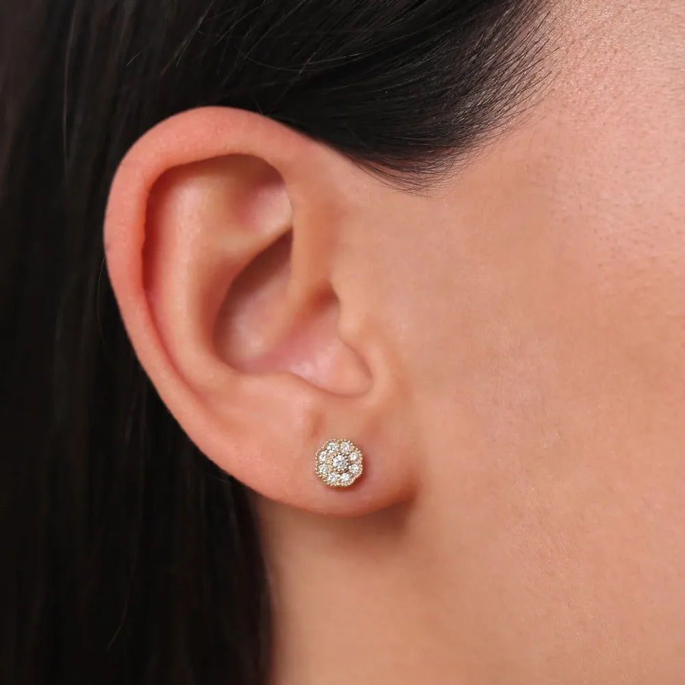 14k Gold Diamond Round Cut Floral Star Stud Earrings 0.30 ctw