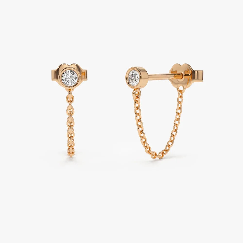 14k Gold Diamond Round Cut Bezel Setting Stud Chain Earrings 0.12 ctw