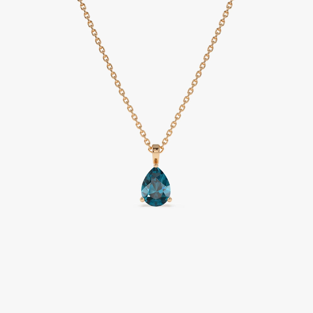 14k Solid Gold London Blue Topaz Pear Shaped Solitaire Necklace 0.80 Carat
