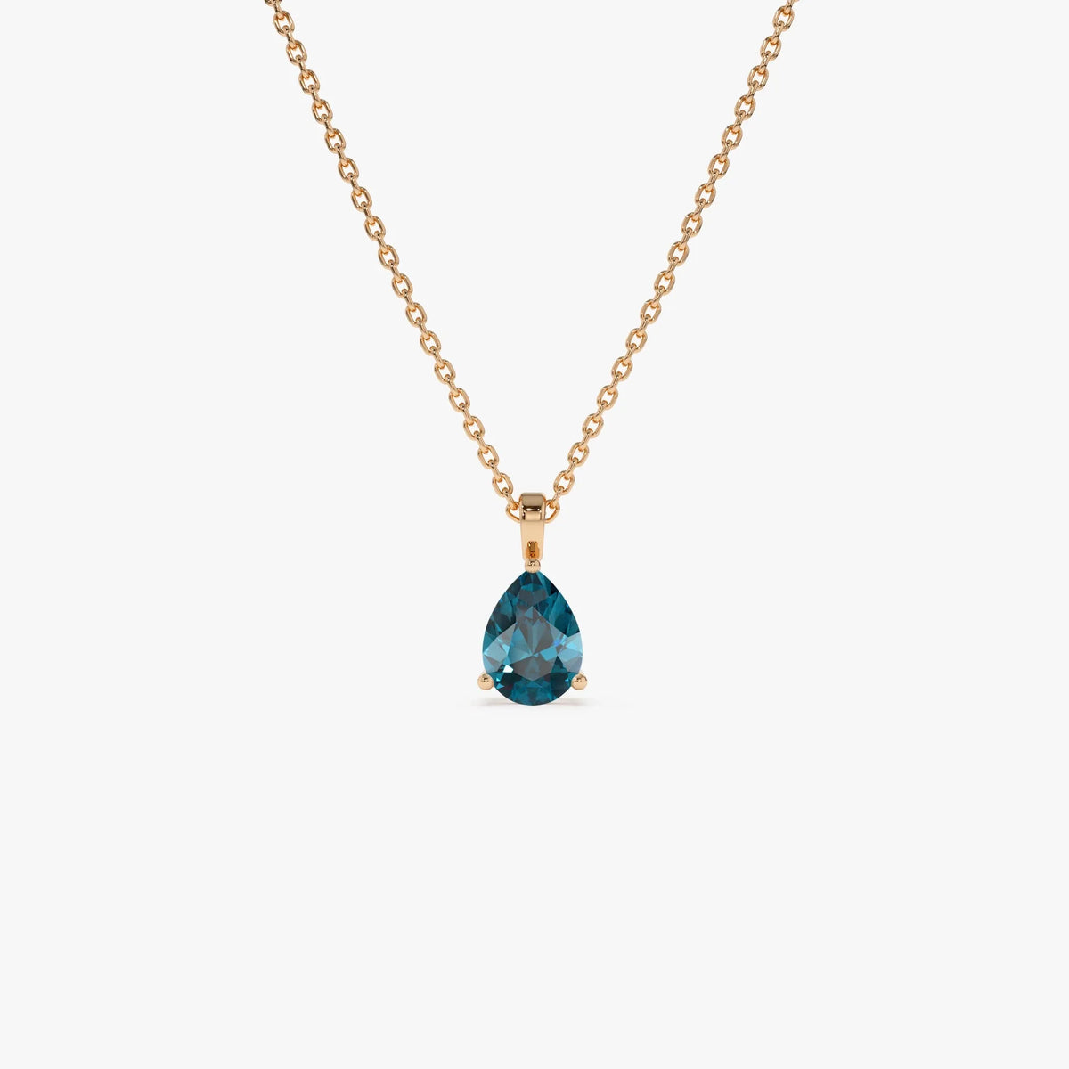 14k Solid Gold London Blue Topaz Pear Shaped Solitaire Necklace 0.80 Carat