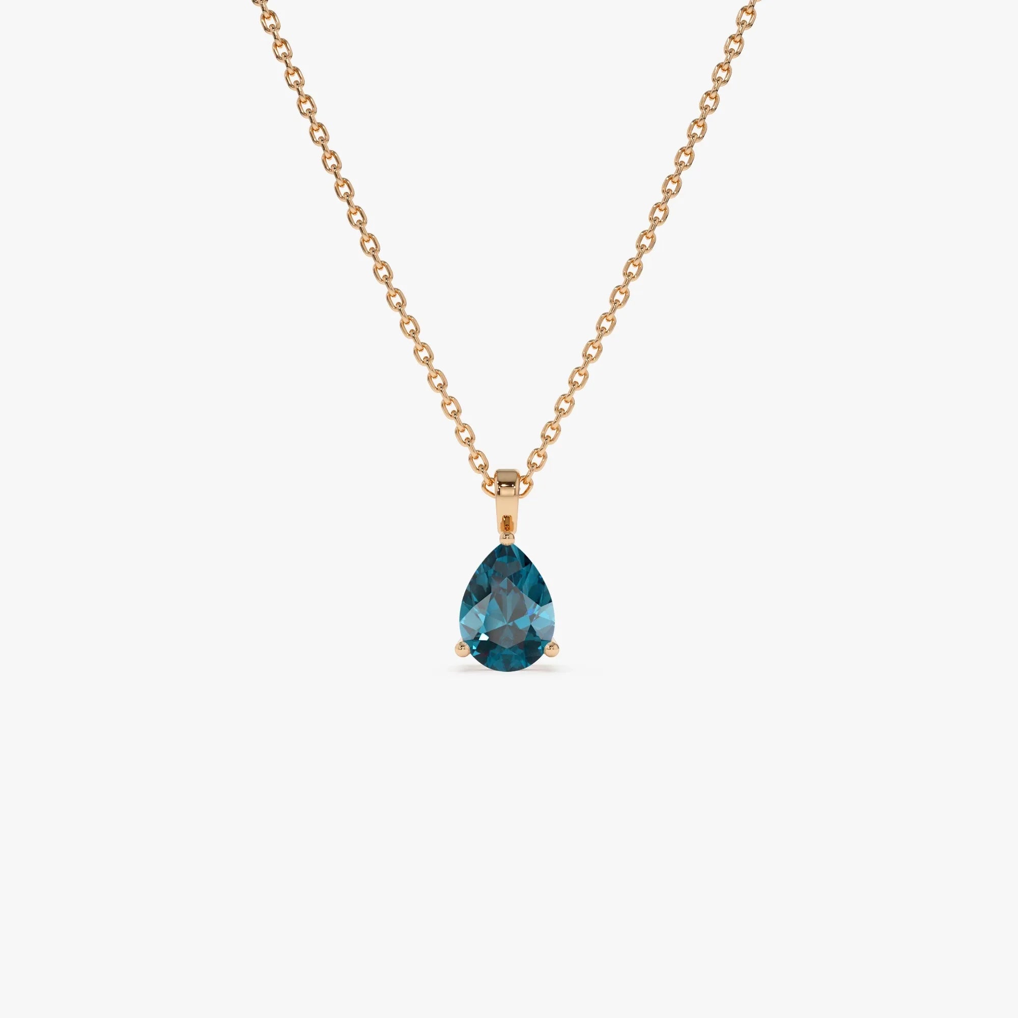 14k Solid Gold London Blue Topaz Pear Shaped Solitaire Necklace 0.80 Carat